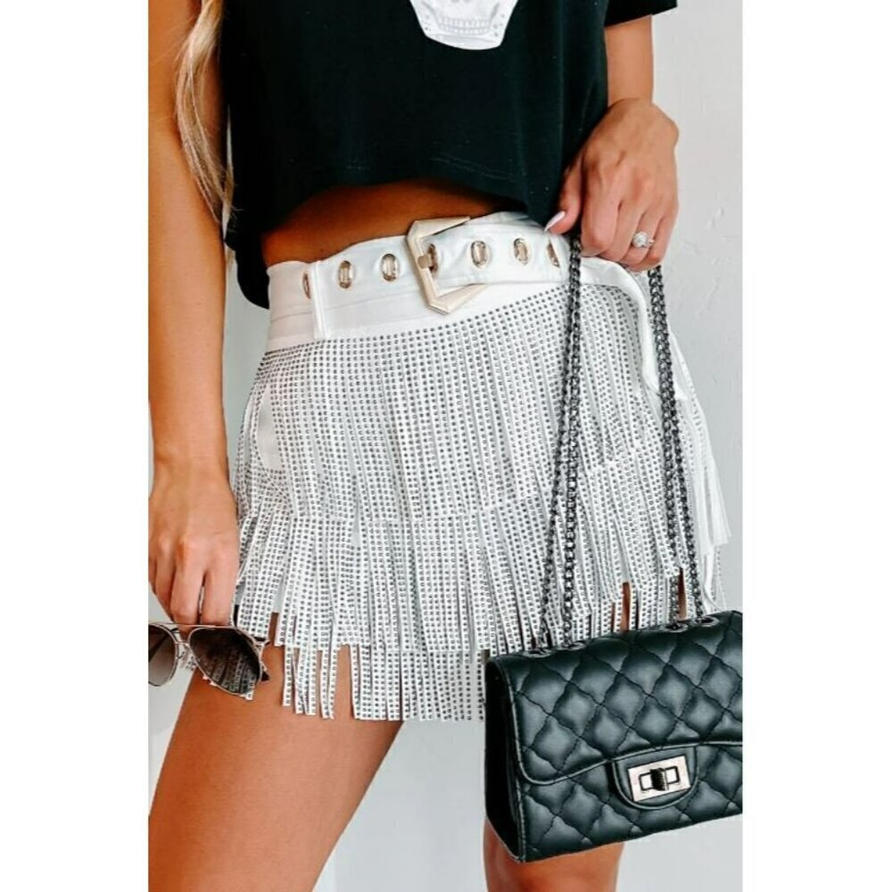 Born To Shine Belted Rhinestone Fringe Shorts in White - Picture 1 of 10